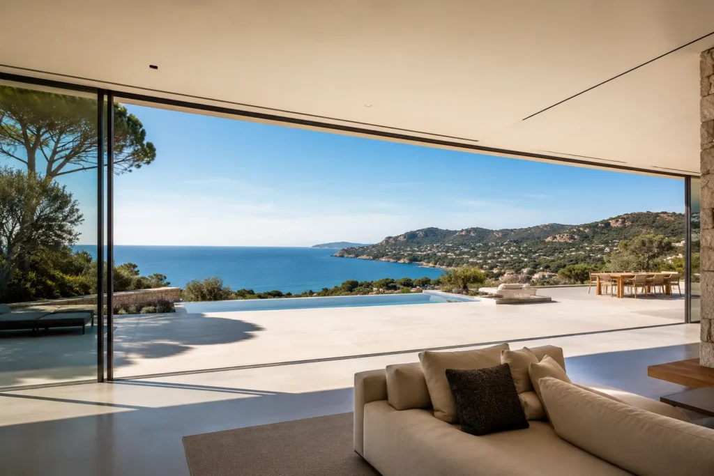 Intérieur d'une villa de luxe avec une gigantesque baie vitrée minimaliste offrant une vue panoramique sur la mer Méditerranée et la côte varoise, profilés invisibles.