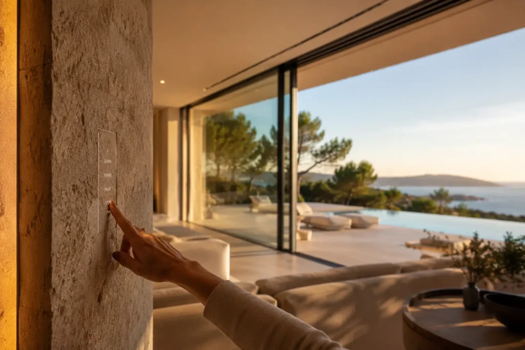 Gros plan d'une main utilisant une commande domotique tactile invisible pour ouvrir une gigantesque baie vitrée coulissante motorisée dans une villa de luxe avec vue mer.