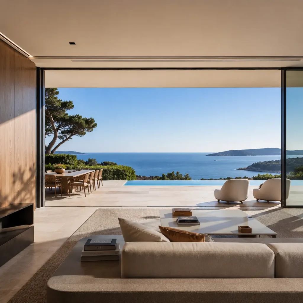 Baie vitrée minimaliste coulissante haut de gamme face à la mer, villa contemporaine dans le Golfe de Saint-Tropez.