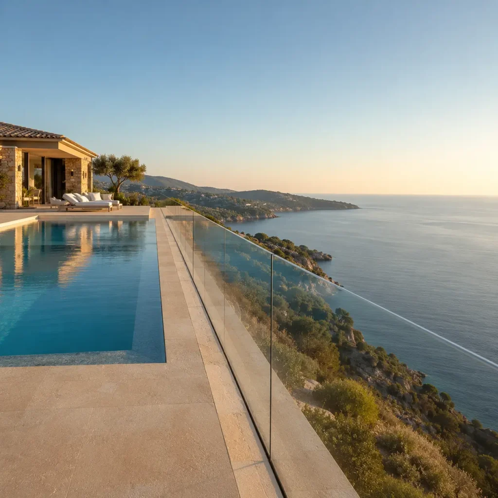 Garde-corps en verre invisible autour d'une piscine à débordement, vue panoramique sur le Golfe à Sainte-Maxime.