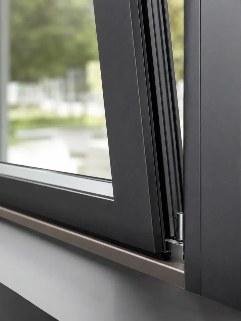 Gros plan technique sur les finitions et le profilé en aluminium d'une fenêtre oscillo-battante minimaliste.