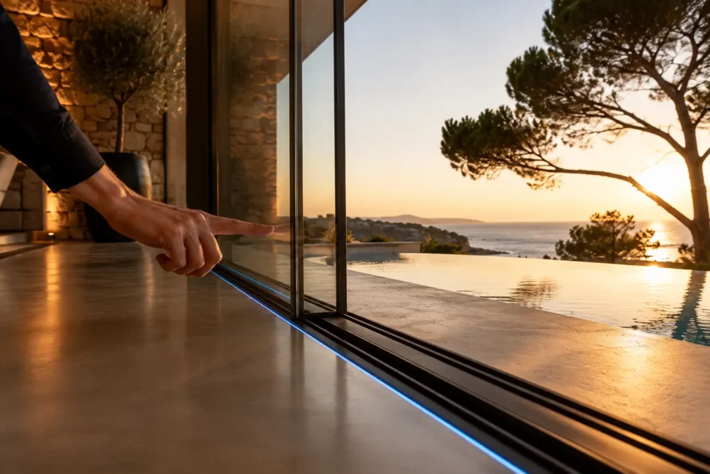 Baie vitrée coulissante minimaliste dotée de la technologie de sustentation magnétique, s'ouvrant sans effort face à la mer dans le Golfe de Saint-Tropez.