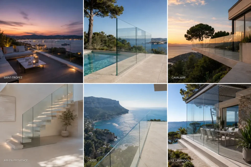 Mosaïque de nos réalisations de garde-corps minimalistes en verre feuilleté posés sur terrasses et piscines dans le Var.