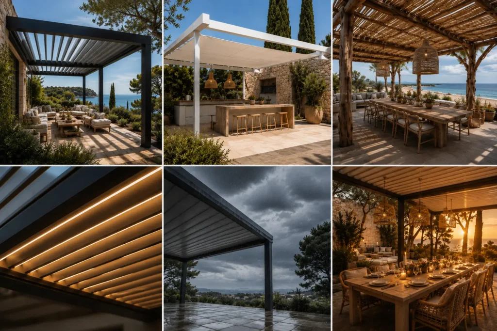 Mosaïque de nos installations de pergolas bioclimatiques en aluminium et de structures en bois flotté sur-mesure.