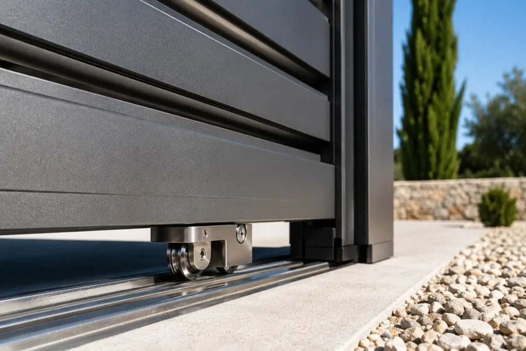 Gros plan technique sur le rail et le système de guidage d'un portail automatique coulissant en aluminium.