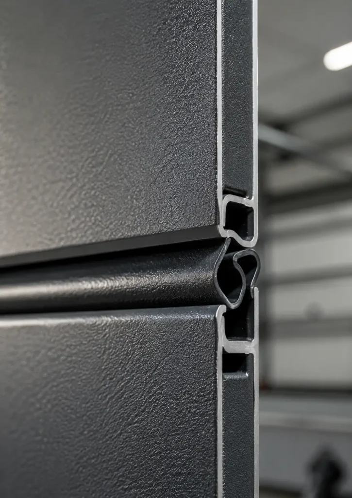 Gros plan sur les finitions isolantes et les joints d'étanchéité d'une porte de garage sectionnelle haut de gamme.