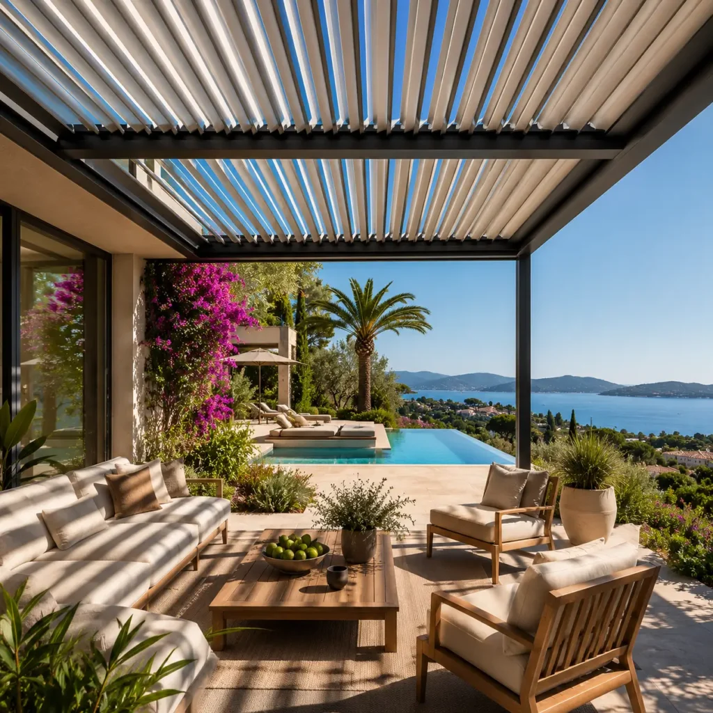 Pergola bioclimatique en aluminium sur une terrasse avec vue mer à Grimaud dans le Golfe de Saint-Tropez.