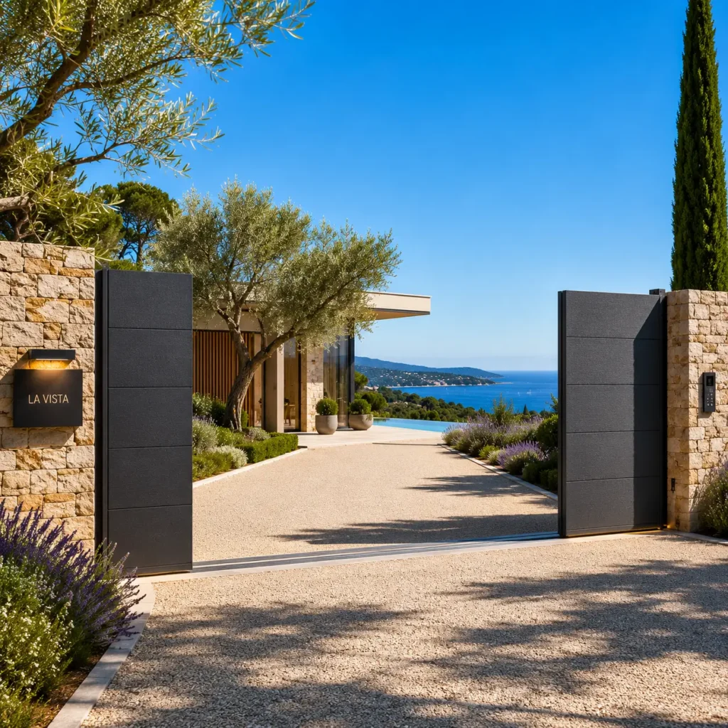 Portail automatique moderne en aluminium noir pour une propriété de luxe à Ramatuelle près de Saint-Tropez.