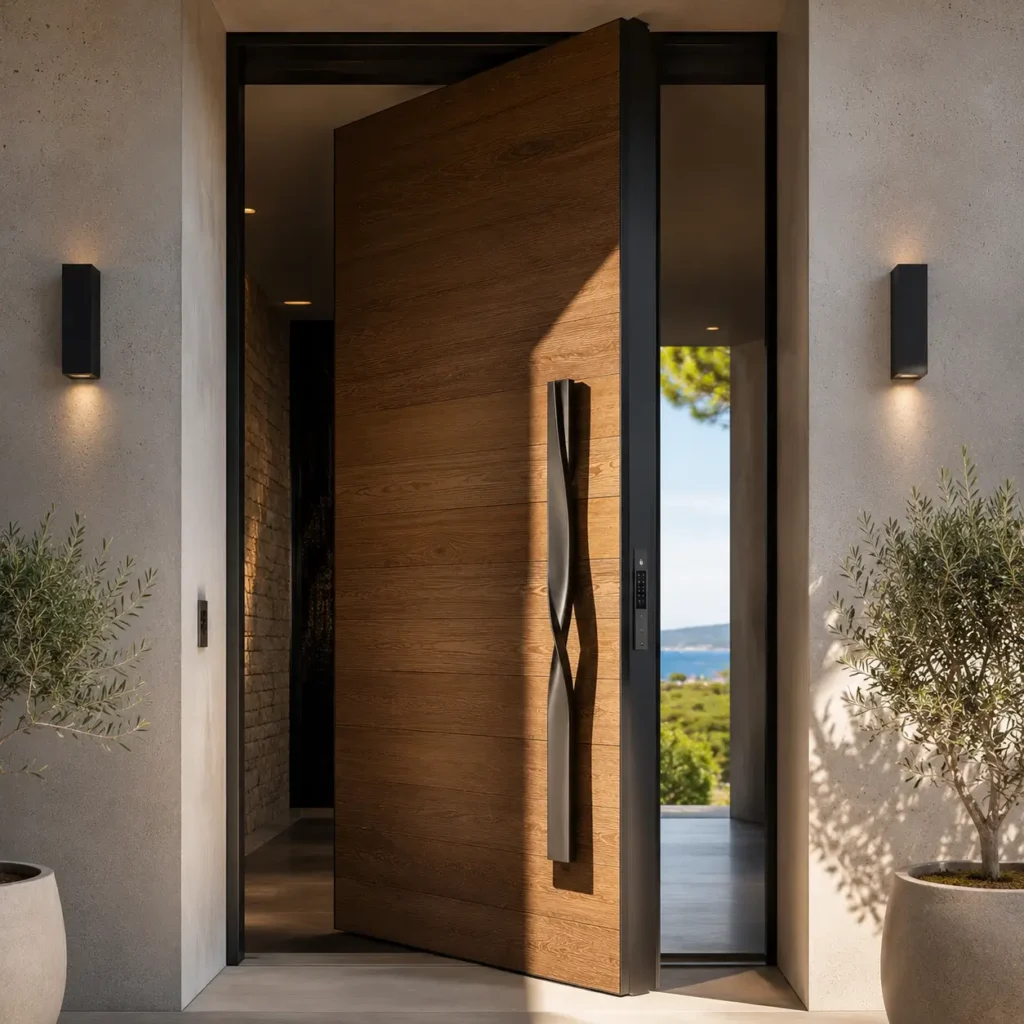 Porte d'entrée d'exception pivotante avec serrure connectée pour une entrée de villa dans le Golfe de Saint-Tropez.