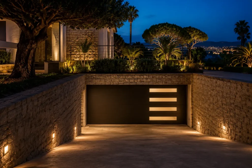 Porte de garage automatique à refoulement avec inserts vitrés rétroéclairés dans une propriété à Cannes.