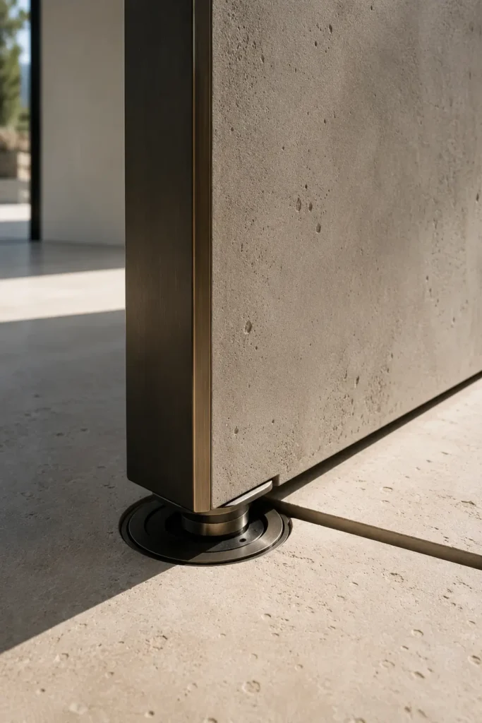 Gros plan technique sur le pivot invisible et le seuil encastré d'une porte d'entrée contemporaine haut de gamme.