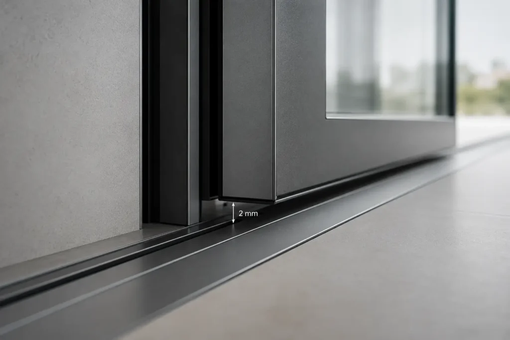 Détail technique du système de guidage à sustentation magnétique d'une fenêtre en aluminium.