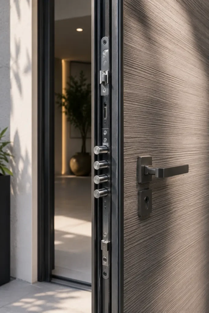 Détail technique des pênes de sécurité et de la structure isolante d'une porte d'entrée blindée.
