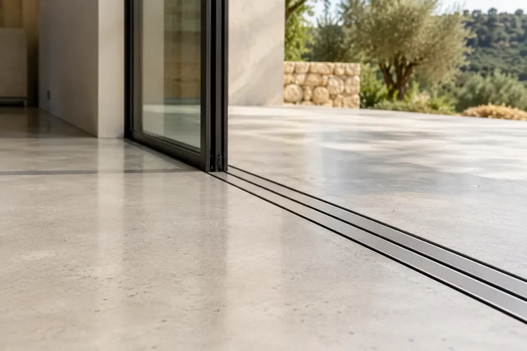Gros plan technique sur le rail encastré au sol d'une fenêtre coulissante minimaliste en aluminium de prestige.