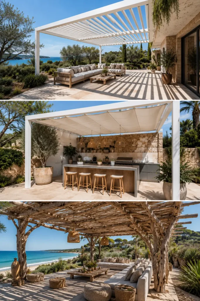 Triptyque présentant trois pergolas haut de gamme à Saint-Tropez : bioclimatique en aluminium, à toile rétractable et structure sur-mesure en bois flotté.