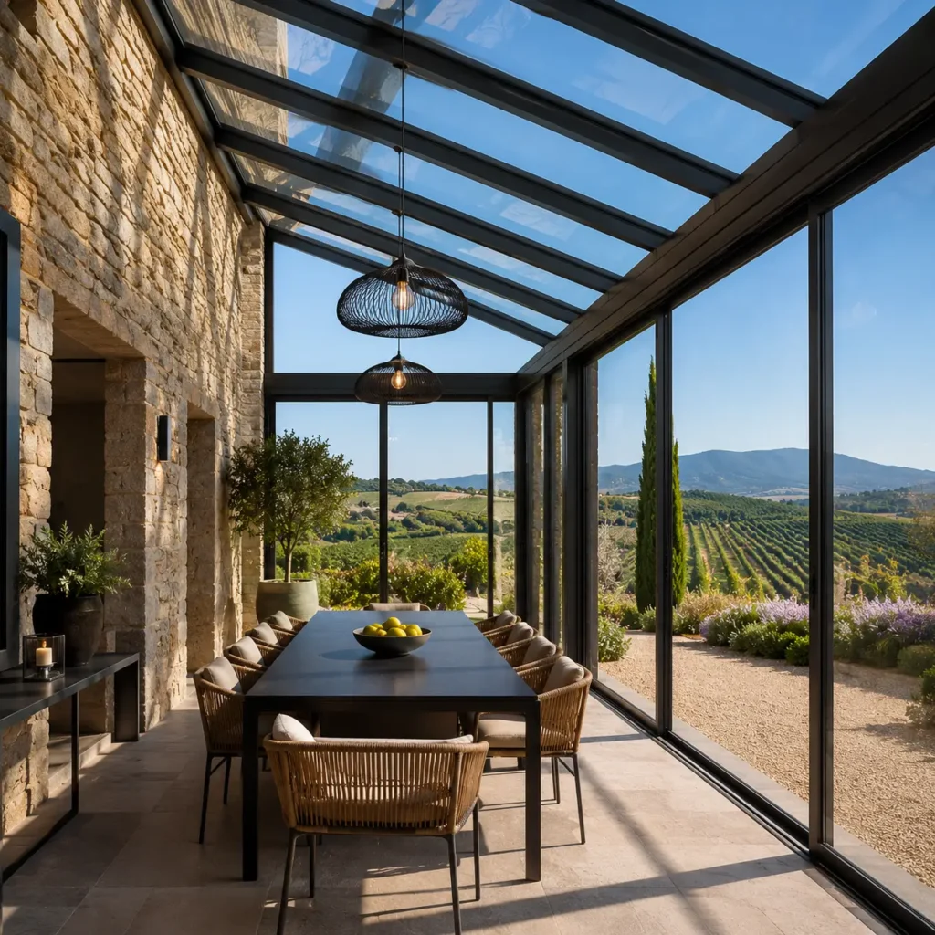 Extension de maison contemporaine avec véranda verrière en aluminium et verre à Gassin.