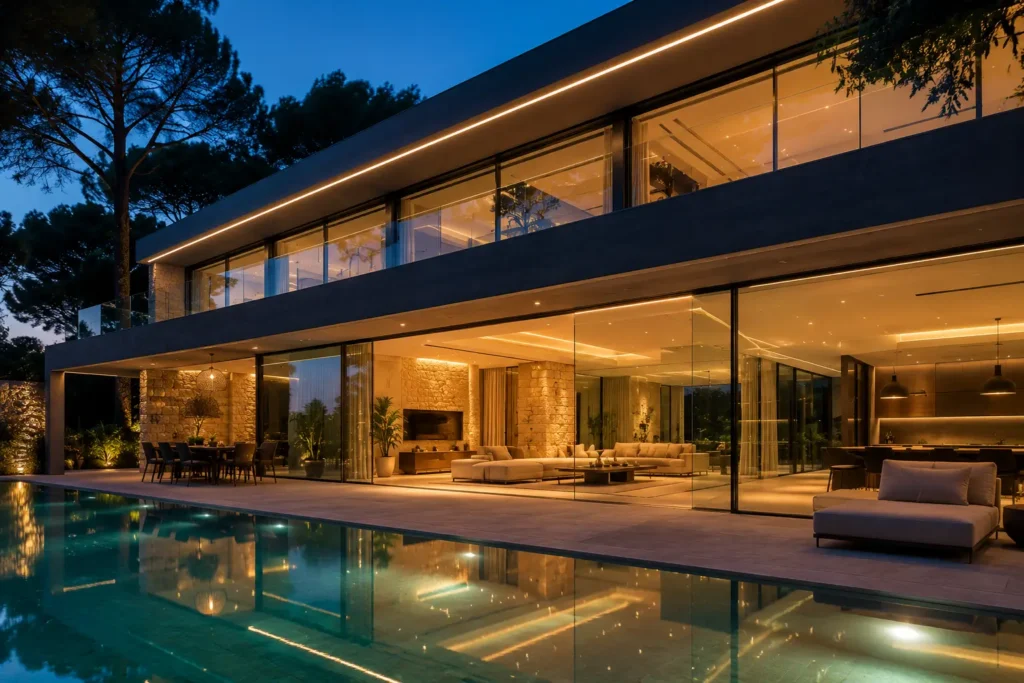 Façade d'une propriété de prestige équipée de baies vitrées à lévitation magnétique dans les Alpes-Maritimes.