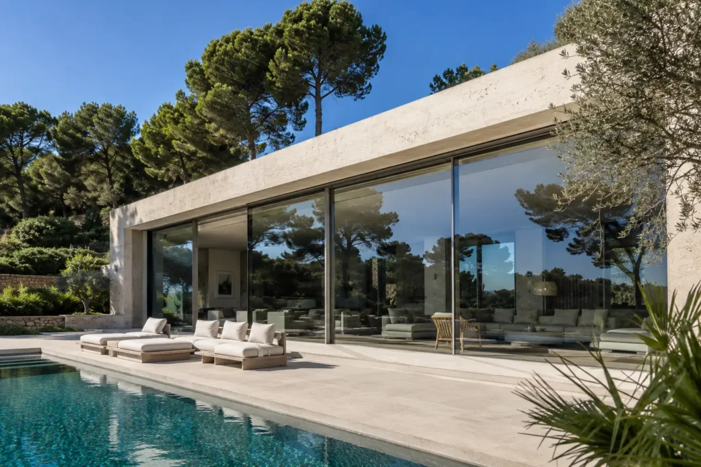 Façade de propriété de prestige équipée de baies vitrées minimalistes en aluminium dans le Var.