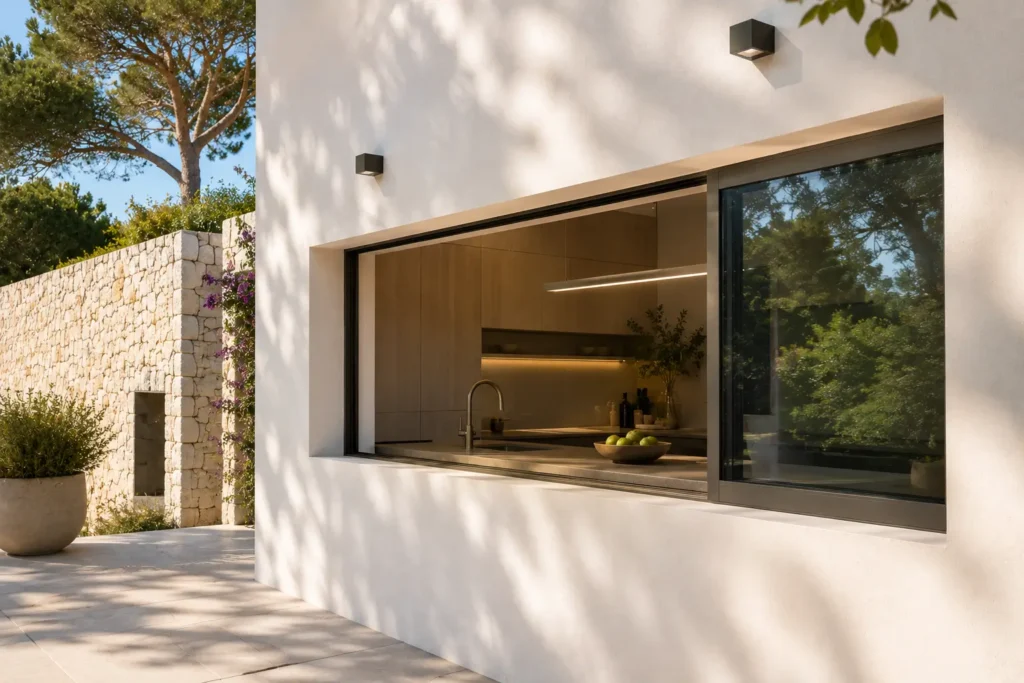 Fenêtre minimaliste en aluminium à lévitation magnétique installée sur la façade d'une villa moderne.