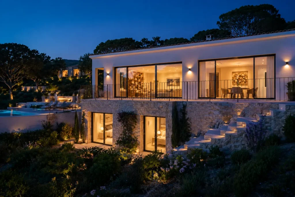 Façade extérieure d'une propriété de prestige équipée de fenêtres battantes minimalistes en aluminium dans le Var.