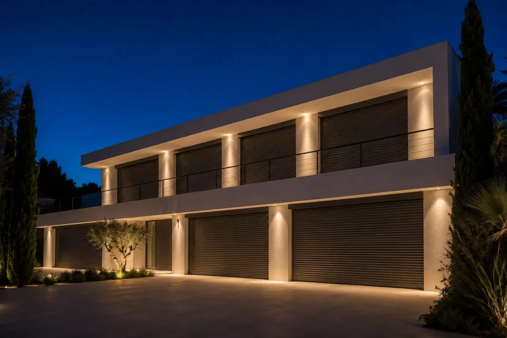 Façade nocturne de villa avec volets roulants en aluminium motorisés fermés pour une sécurité optimale.