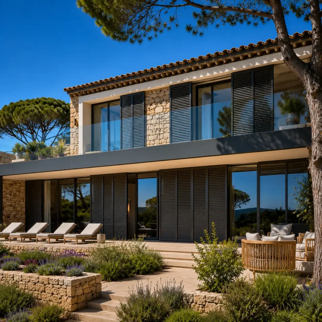 Volets coulissants en aluminium au design épuré sur la façade d'une villa contemporaine neuve à Saint-Tropez.